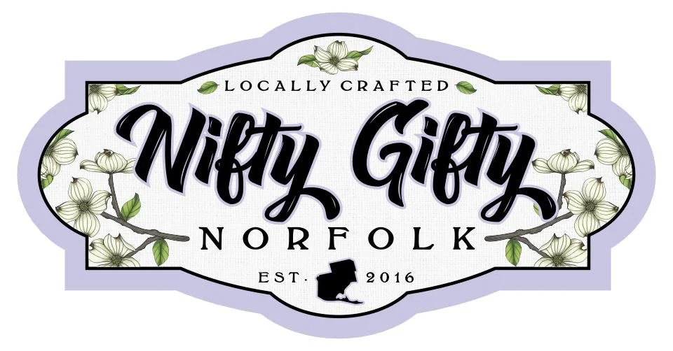 Logo for Nifty Gifty, a locally crafted gift shop in Norfolk, established in 2016, with floral and leaf design elements.