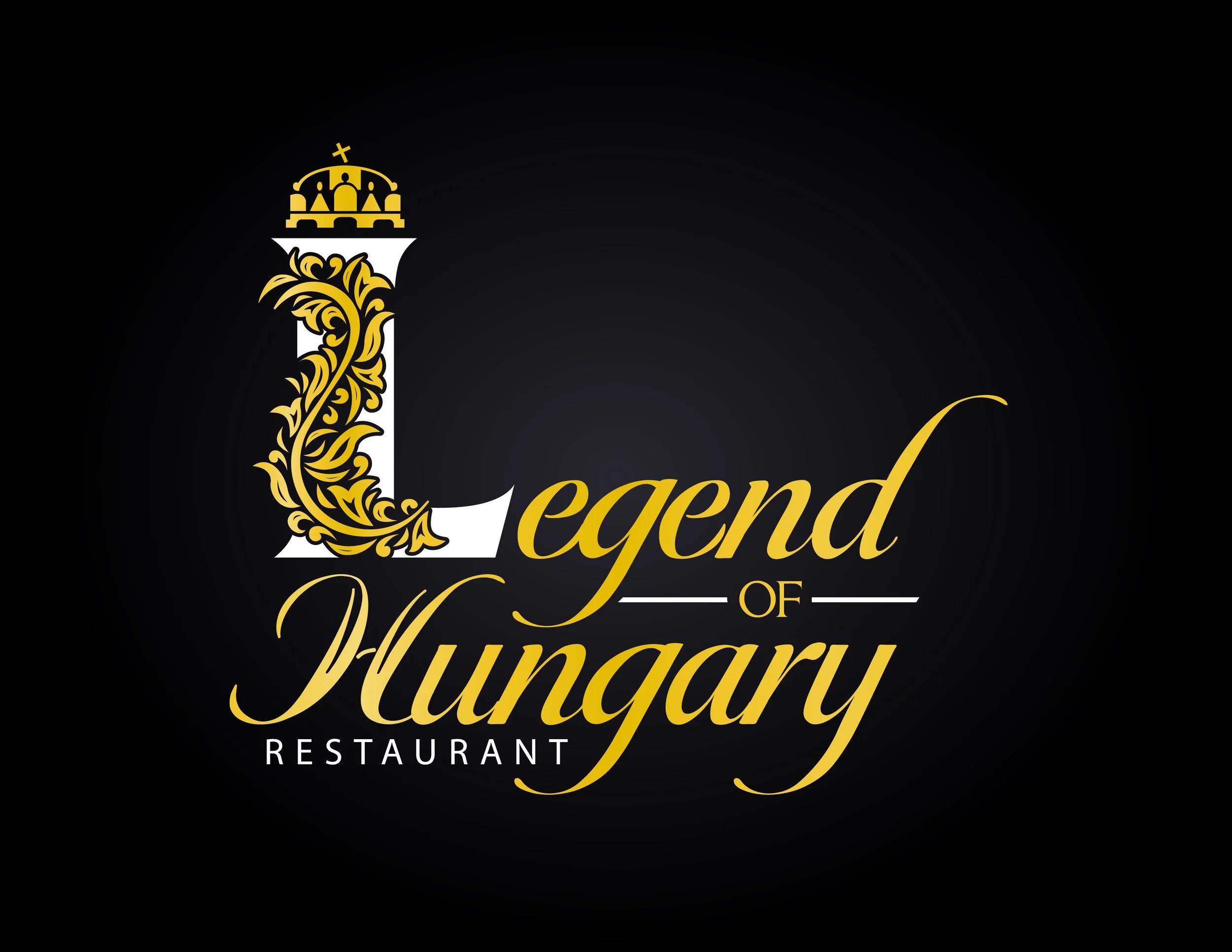 Logo of a restaurant named 'Legend of Hungary' with ornate gold and white design and a crown on top of the letter 'L' on a black background.