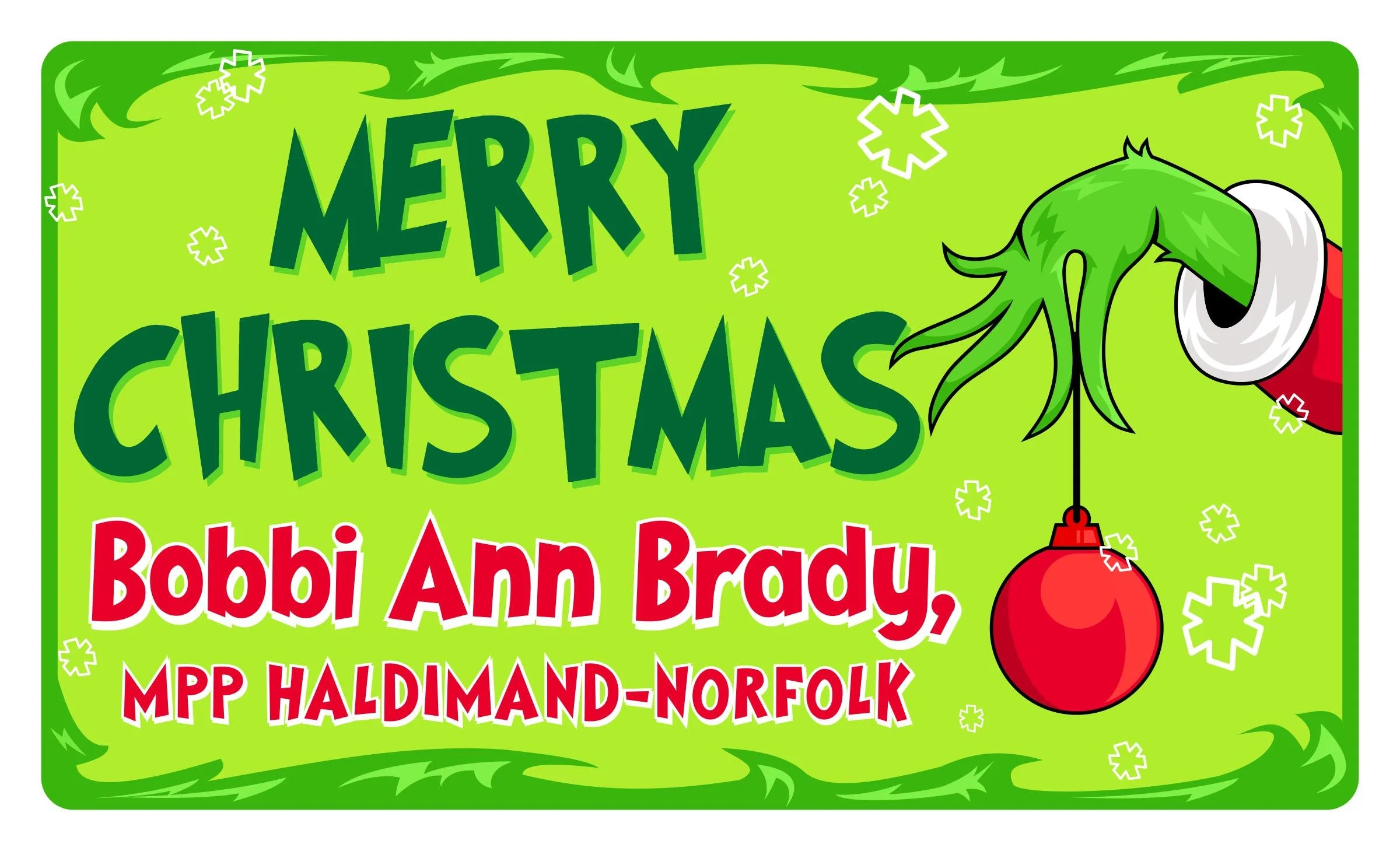 Green holiday greeting card with snowflake accents featuring the message