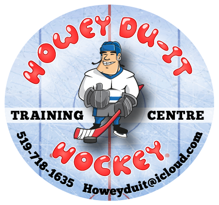 Logo for Howeyd Uit Hockey Training Centre featuring a cartoon hockey player in gear holding a hockey stick on an ice rink background. Includes contact info and website.