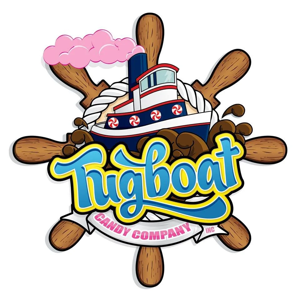 Cartoon illustration of a tugboat sailing on chocolate waves with a ship wheel in the background and the word 'Tugboat' in bright yellow and blue letters in front, with a banner reading 'Candy Company Inc'.