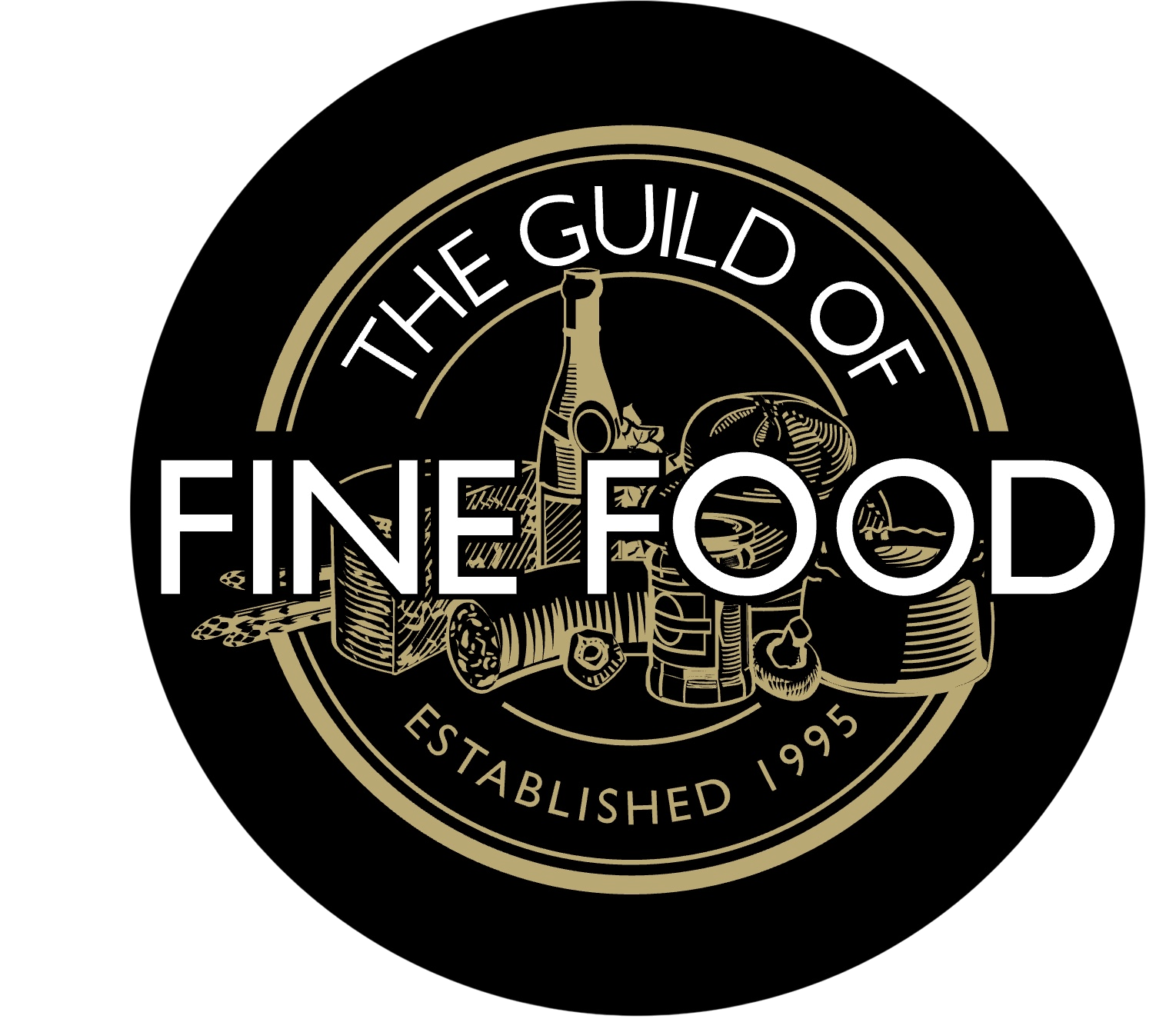 Logo for The Guild of Fine Food established in 1995, featuring a circular design with food and drink illustrations including a cheese wheel, a wine bottle, a glass of beer, and various food items, on a black background.