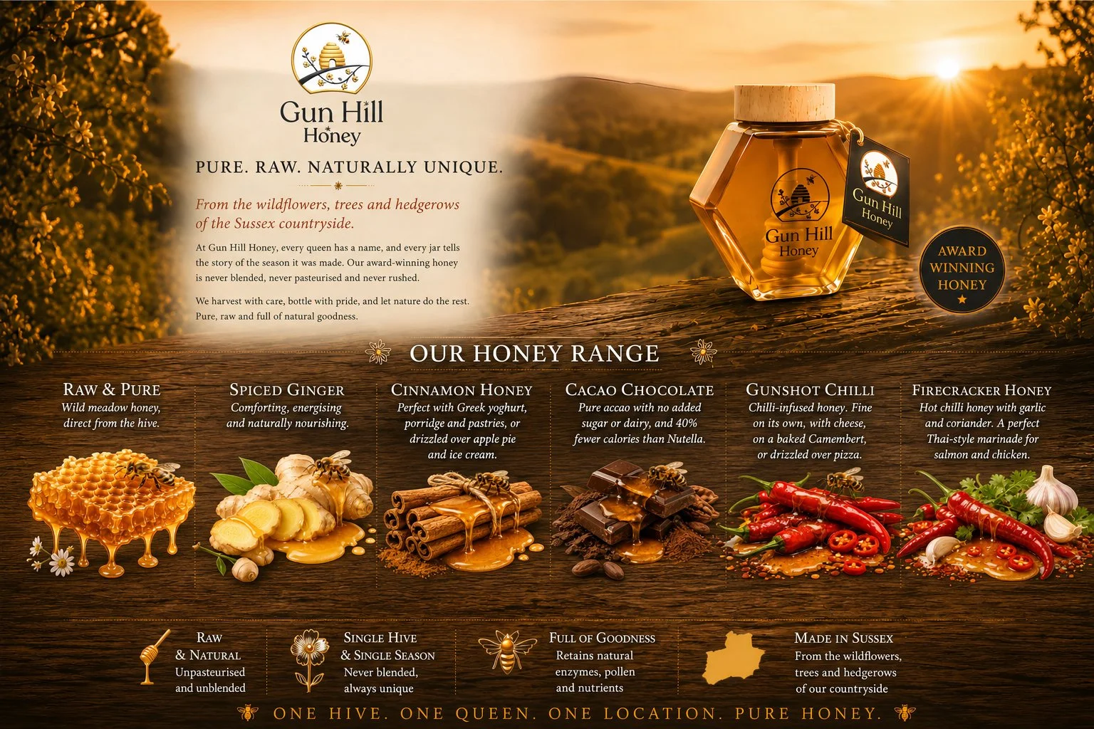 A promotional image for Gun Hill Honey showcasing various honey types with a sunset background and a jar of honey on a wooden surface.