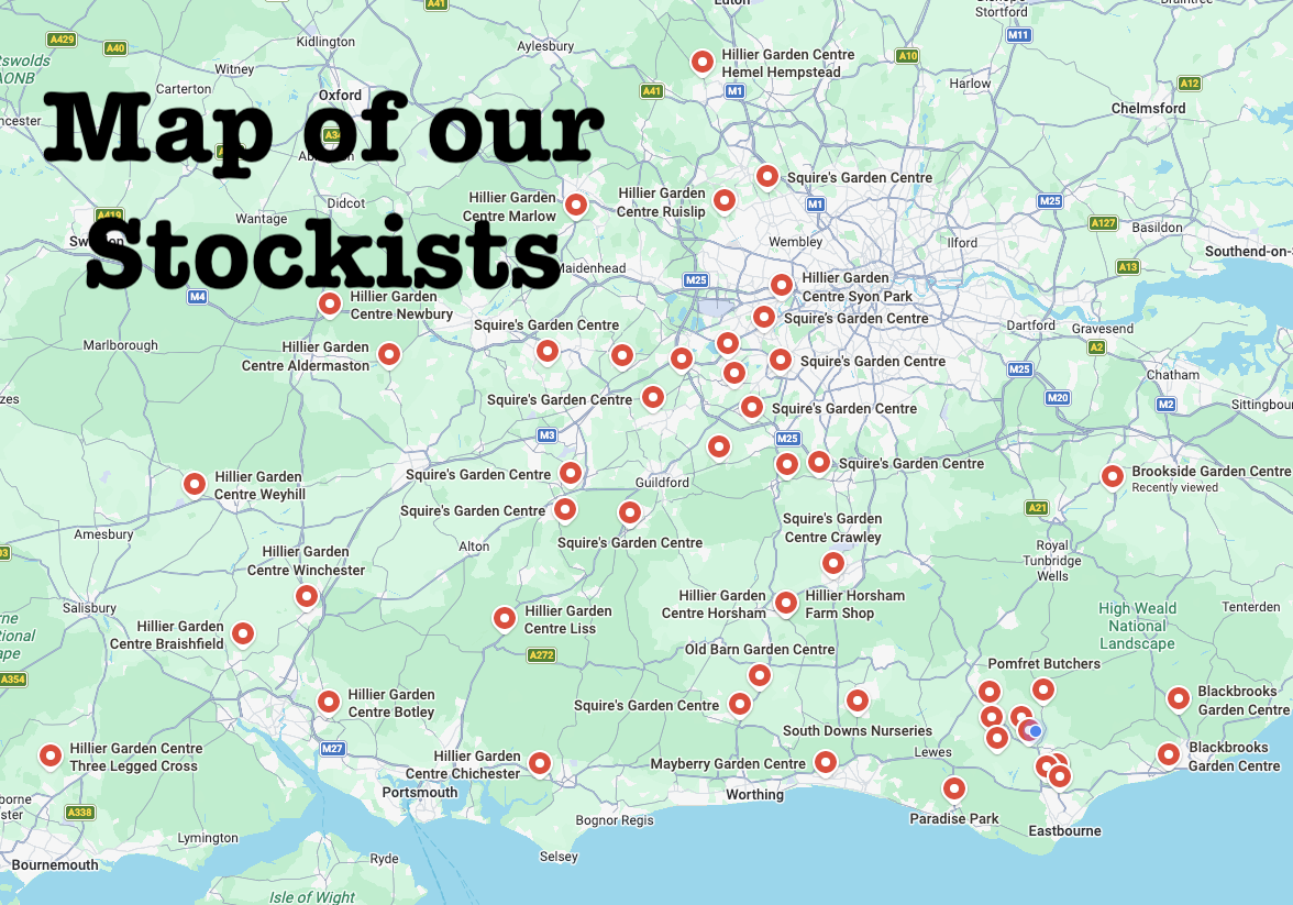 Map showing locations of Squire's Garden Centres and other garden centers in the region, marked with red and white icons, with large text overlay stating 'Map of our Stockists'.