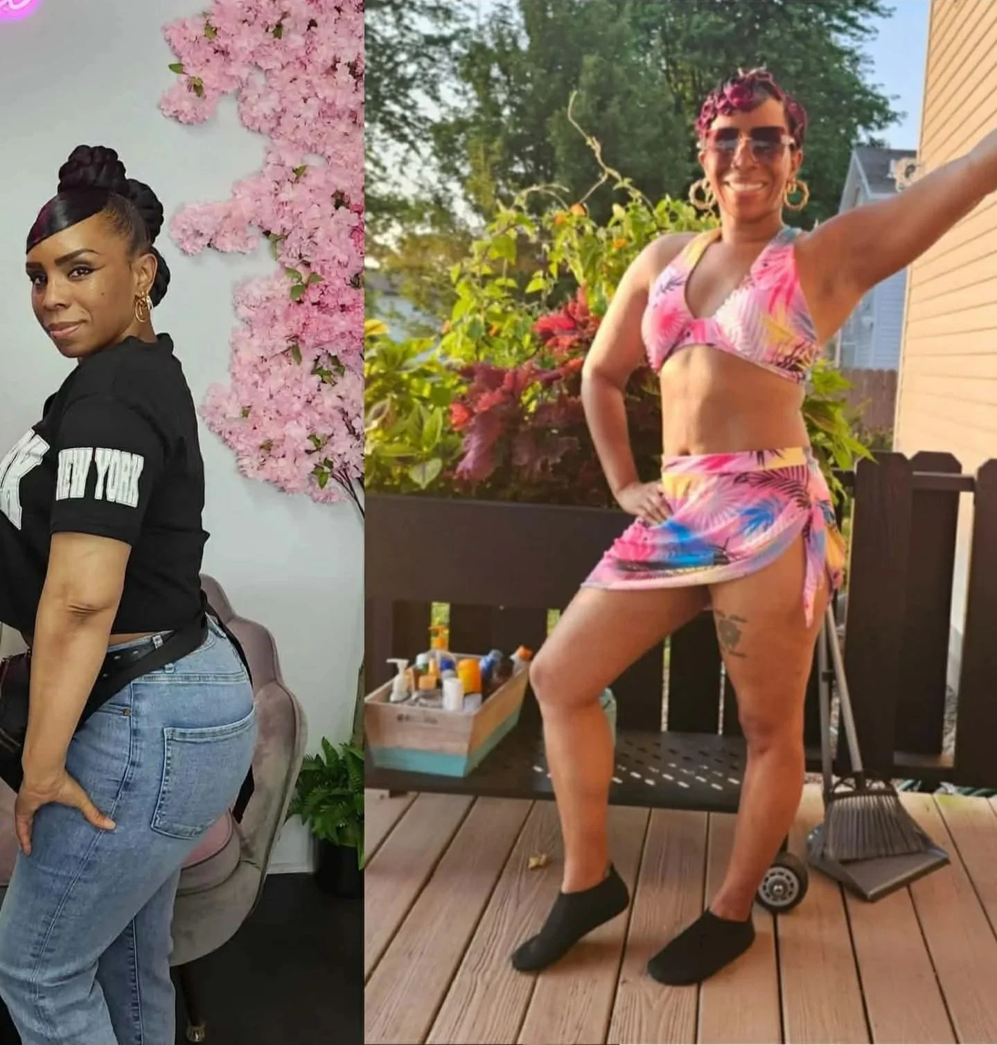 Side-by-side photos of a woman. The left photo shows her indoor, wearing a black shirt and jeans, with braided hair styled in an updo, standing against a wall decorated with pink flowers. The right photo shows her outdoors on a wooden deck, wearing a colorful floral crop top and matching skirt, with short dreadlocks and sunglasses, smiling and striking a pose.