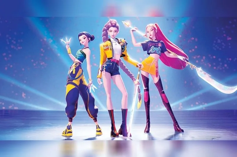 Three animated female characters standing on a stage with vibrant blue and purple lighting, each holding a glowing weapon.