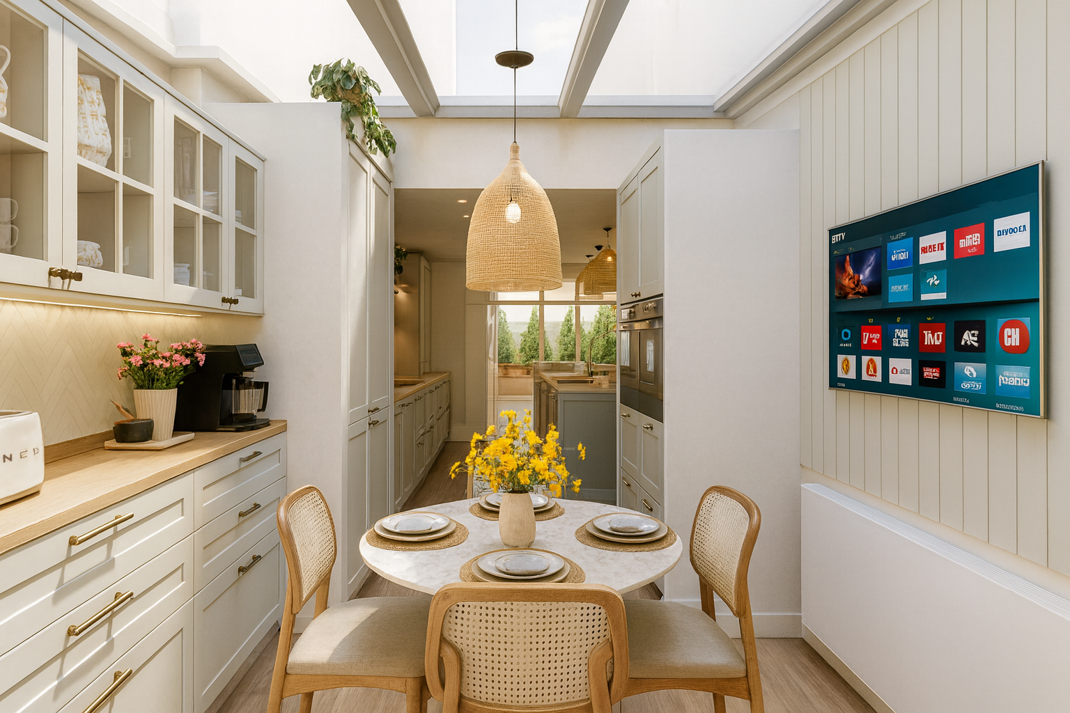 Kitchen with light-colored cabinets, a round dining table with four chairs, and television on the wall showing streaming service interface.