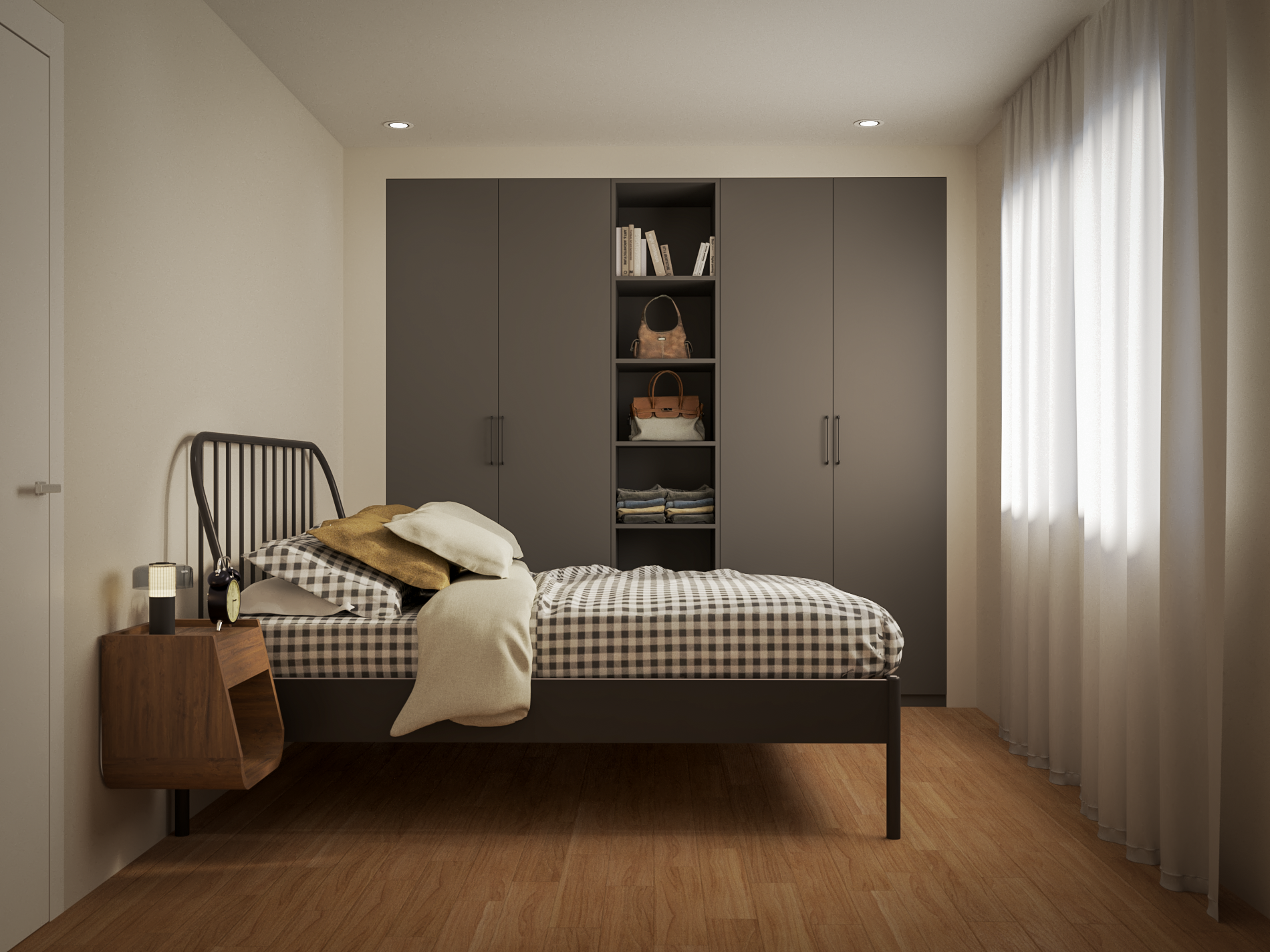 A modern bedroom with a bed, nightstand, and a large gray wardrobe with open shelves.