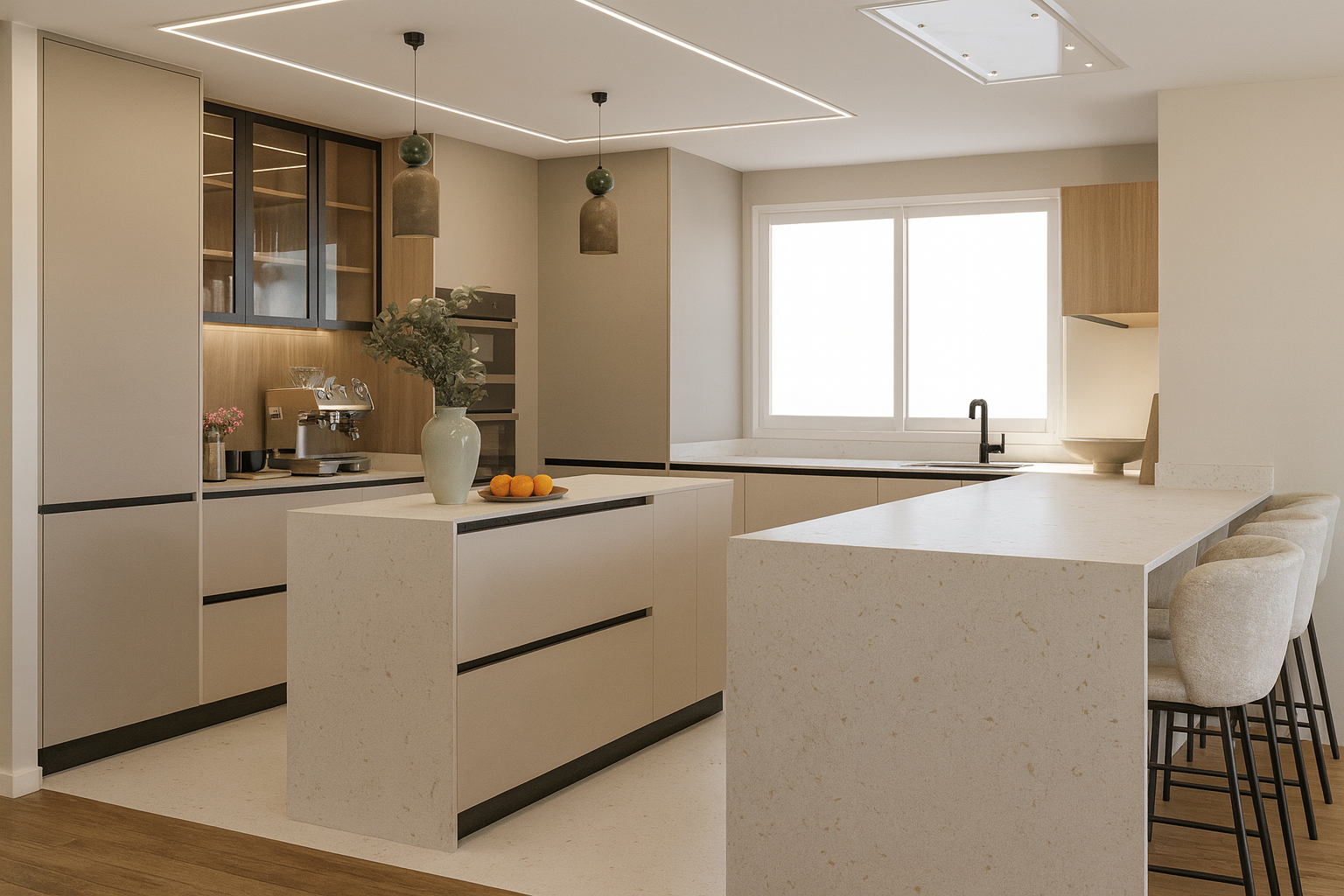 Modern kitchen with minimalist design, featuring beige cabinetry, a large island with a vase and oranges, bar stools, and pendant lighting over the island. Large window behind the sink provides natural light.