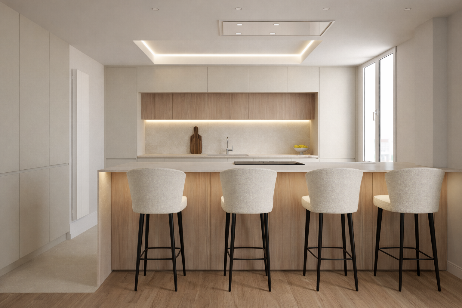 Modern minimalist kitchen with a light wood and white color scheme, four barstools at a kitchen island, and a window on the right side.