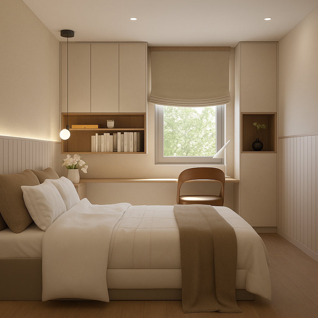 A minimalist bedroom with a bed, pillows, and a blanket, a bedside lamp, a window with a view of trees, a chair, and built-in shelves and cabinets in neutral tones.