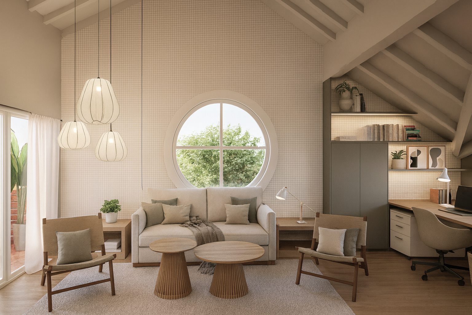 Living room with white sofa, round wood coffee tables, beige chairs, and large round window showing green trees outside. There are hanging pendant lights and a small desk with a chair near built-in shelves.