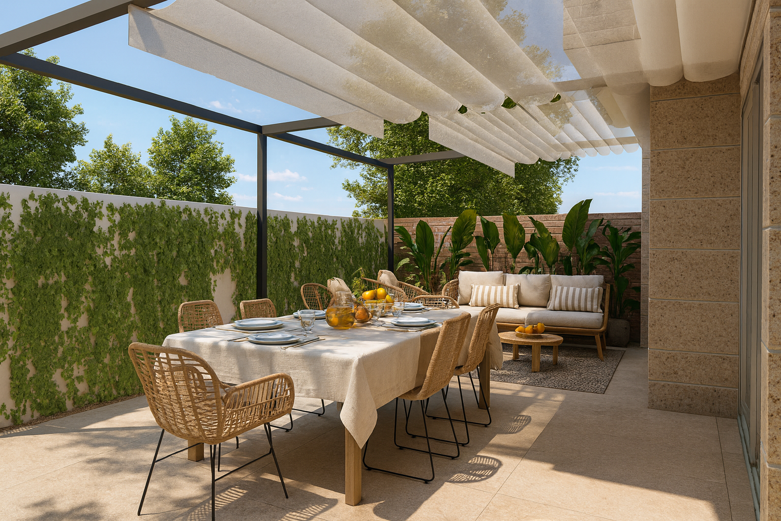 Outdoor patio with a dining table and chairs, a wicker sofa with cushions, potted plants, and a retractable pergola shadow, under a blue sky with trees in the background.