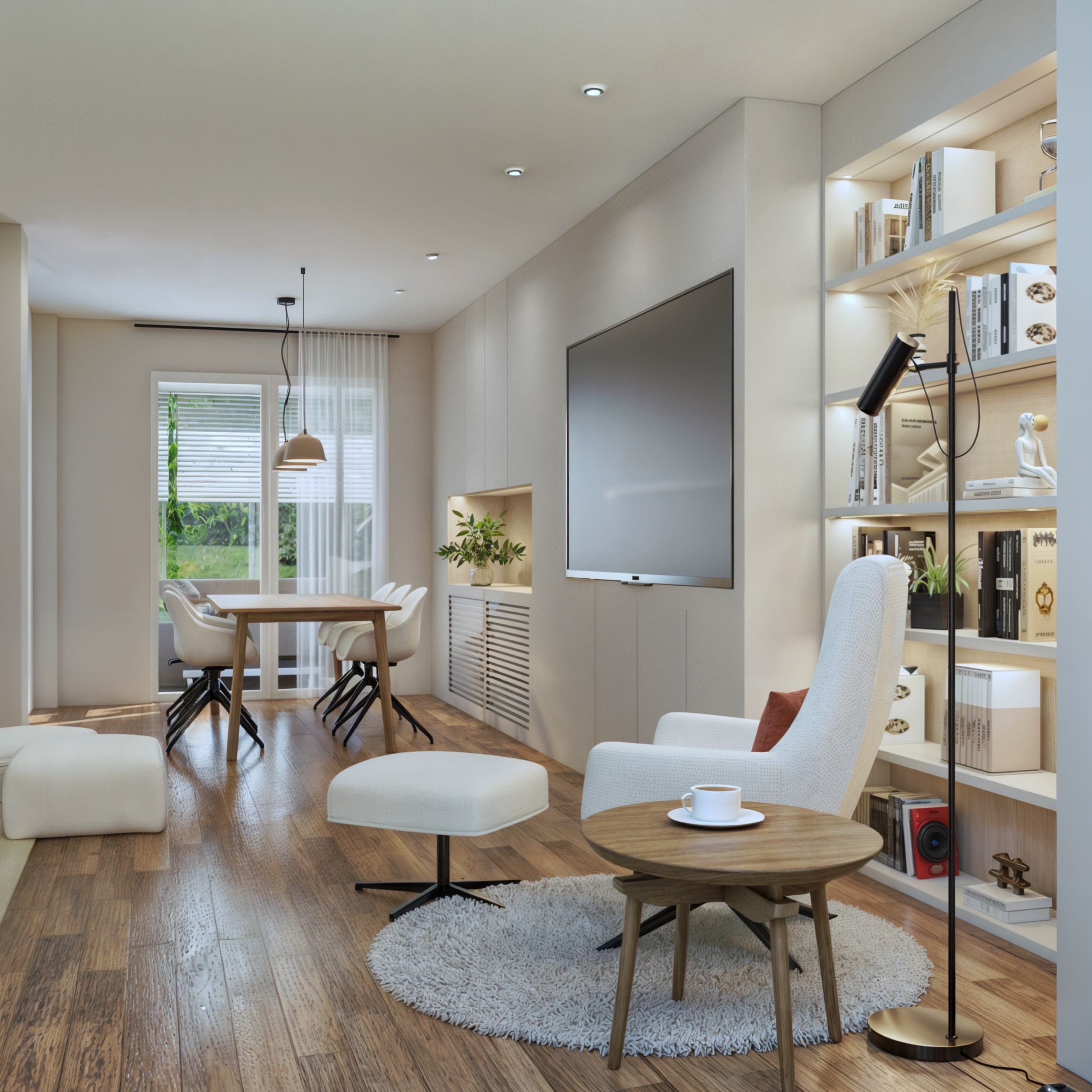 Modern living room with white walls, hardwood flooring, and contemporary furniture. It features a white armchair with a brown pillow, a round wooden coffee table with a cup, a white lounge chair with an ottoman, built-in bookshelves with decor, a lar