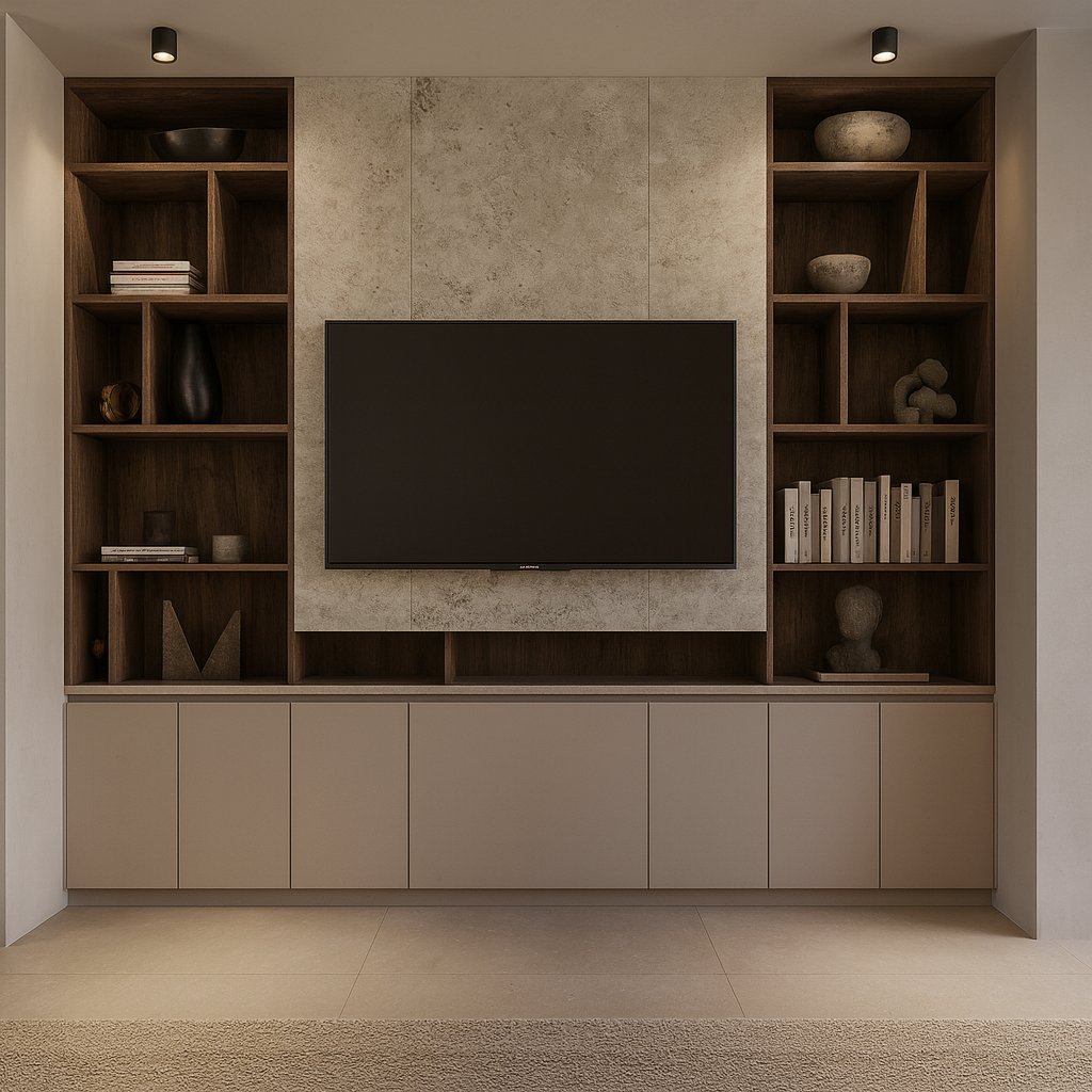 Modern built-in wall entertainment center with books, decorative vases, sculptures, and a flat-screen TV.