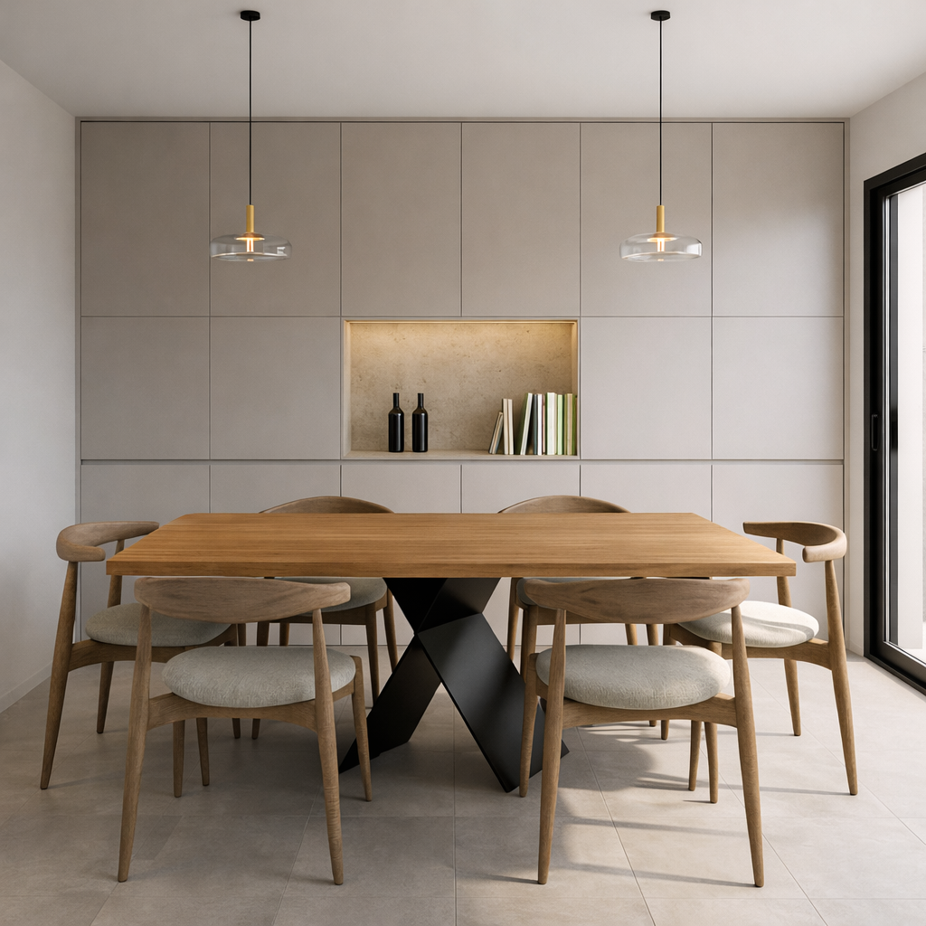 Modern dining room with wooden table, six light-colored upholstered chairs, built-in wall cabinet with decorative vases and books, two pendant lights, and a sliding glass door.