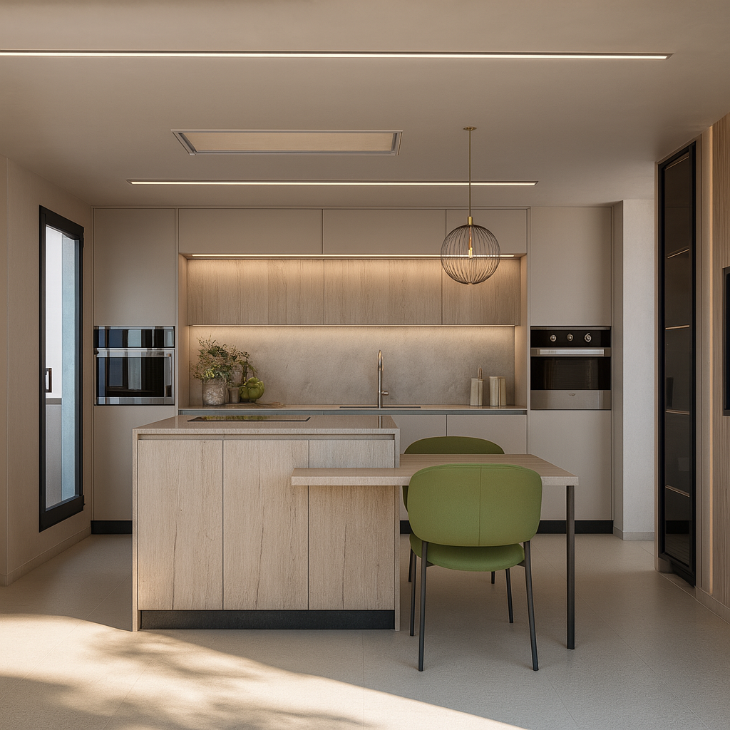 Modern kitchen with light wood cabinets, a kitchen island, and green chairs, illuminated by natural light and a pendant light above.