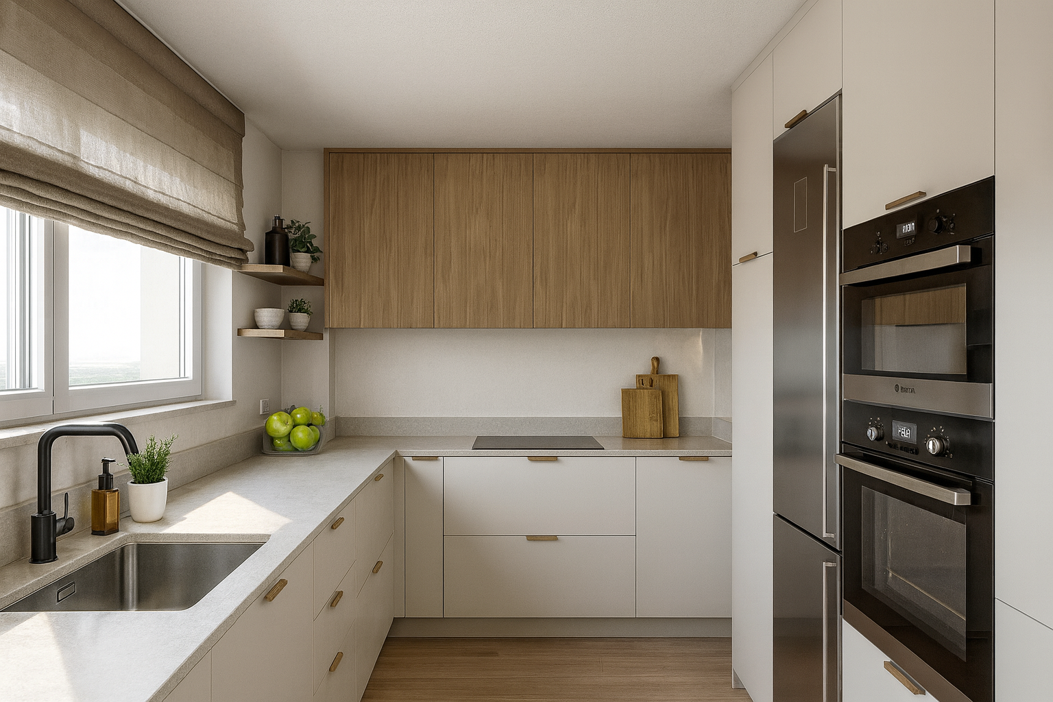 Modern kitchen with white cabinets, wooden accents, and stainless steel appliances, including an oven and refrigerator, with sunlight streaming through a window.