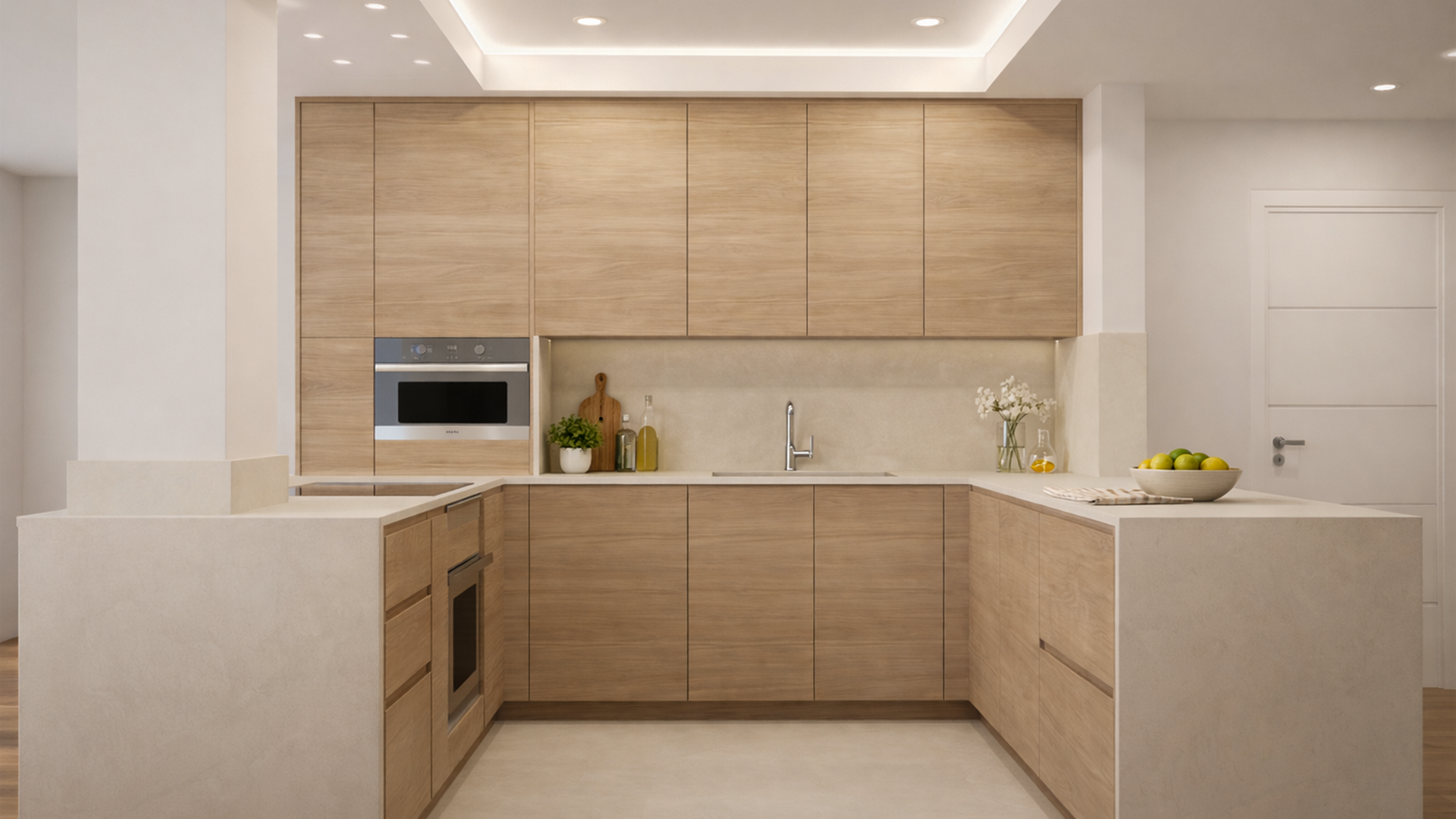 Modern kitchen with wooden cabinets, beige countertops, a built-in microwave, small potted plant, bottles of olive oil, a vase with white flowers, a bowl of lemons and limes, and a stainless steel faucet.