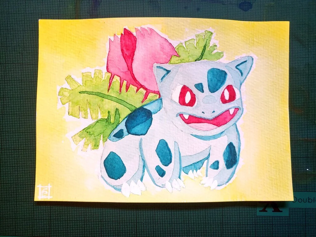 "Ivysaur" 2020, 4" x 6" ink on watercolour postcard