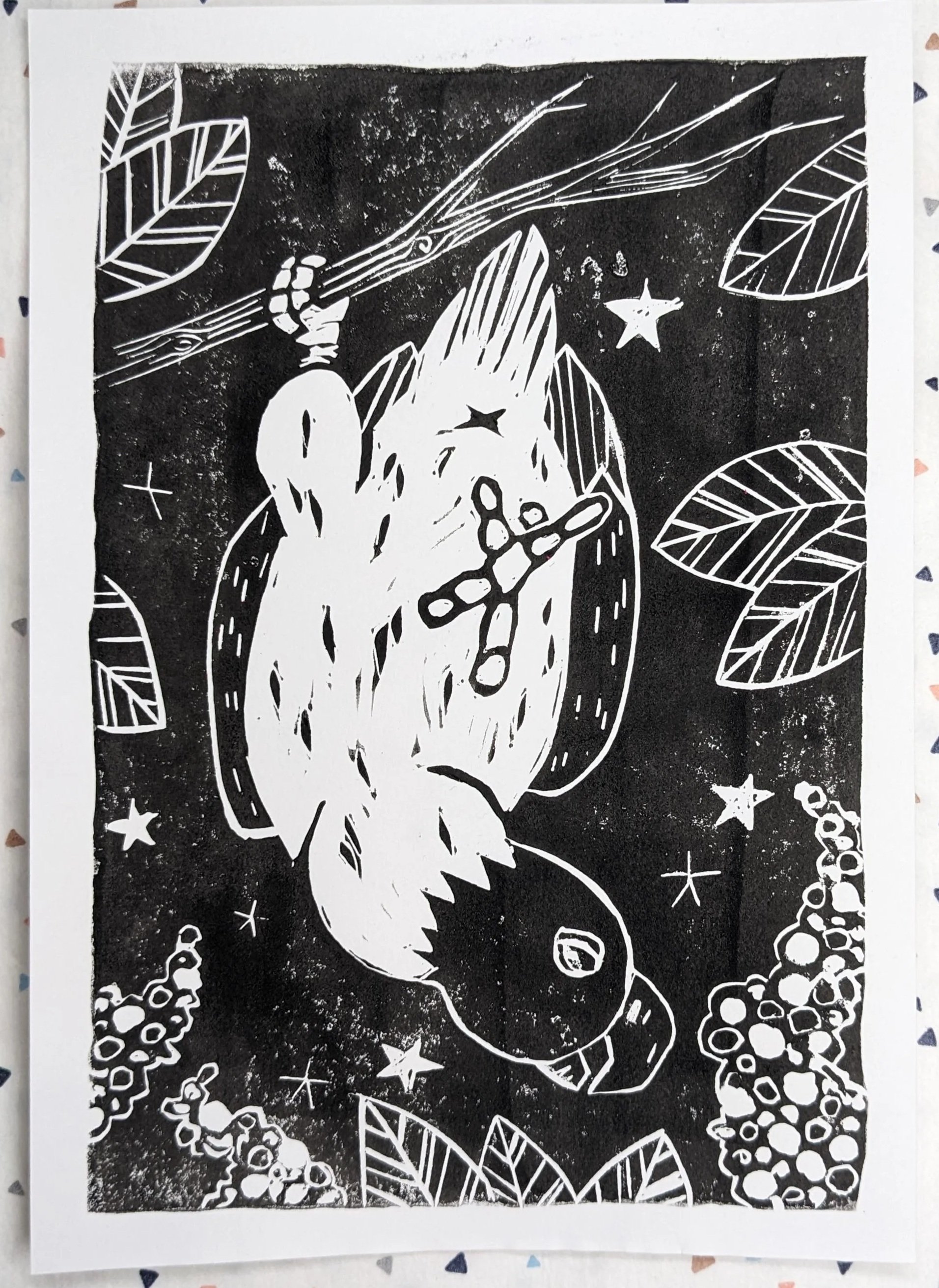 "Cheeky" 2022, A5 linocut handprint on printmaking paper