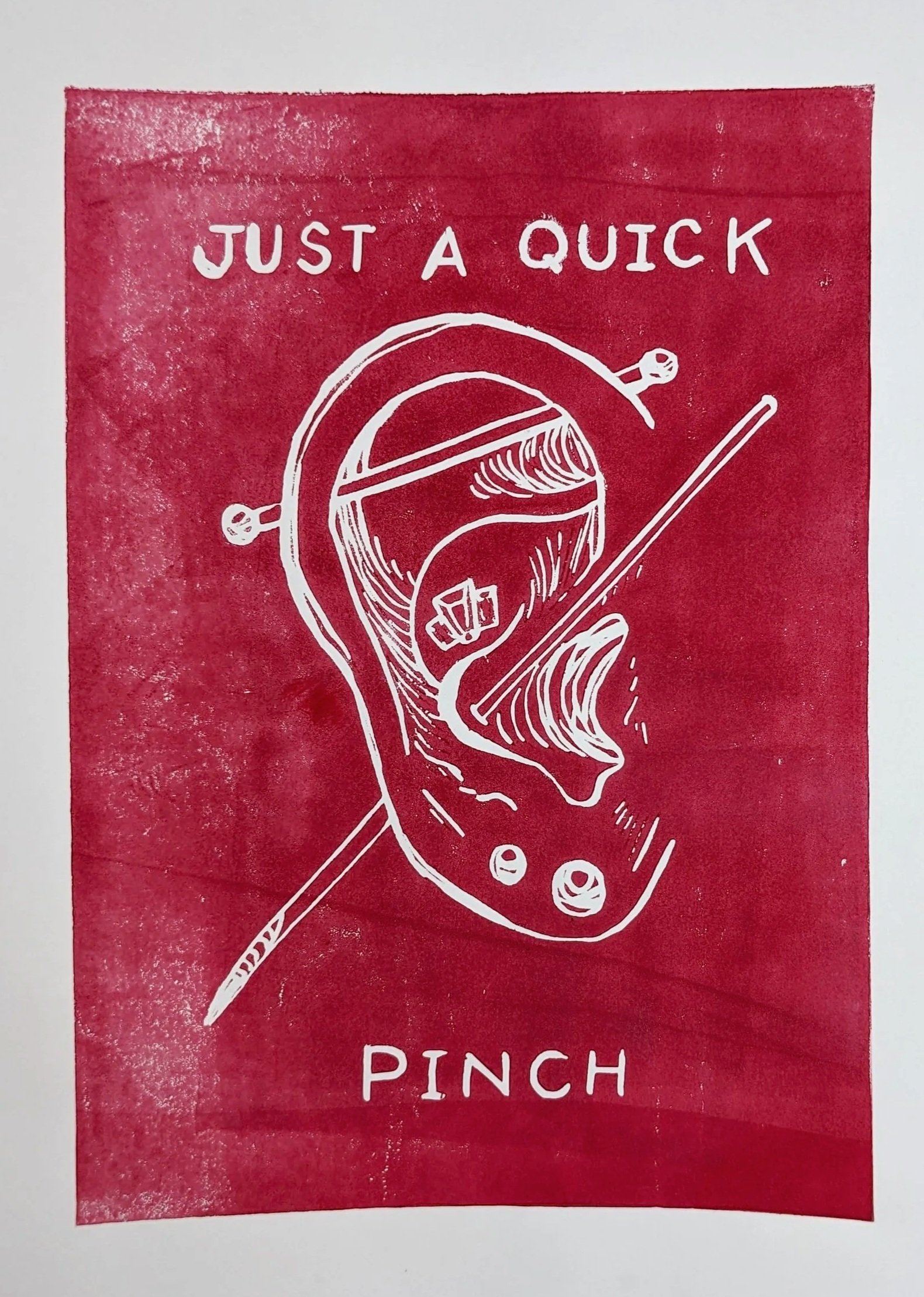 "Quick Pinch" 2022, A5 linocut handprint on printmaking paper