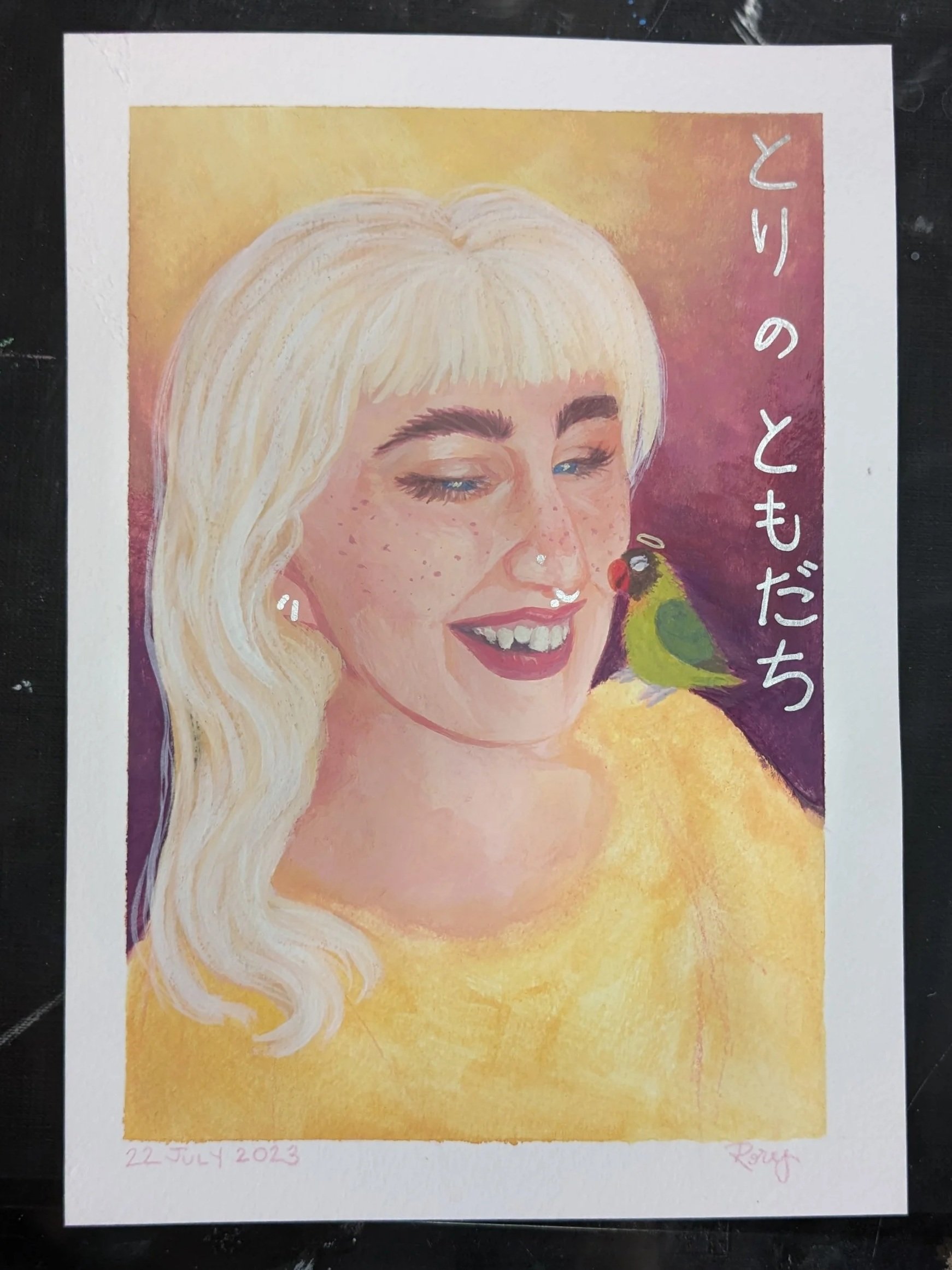 "Bird friend" 2023, 6" x 9" gouache on cold-pressed watercolour paper