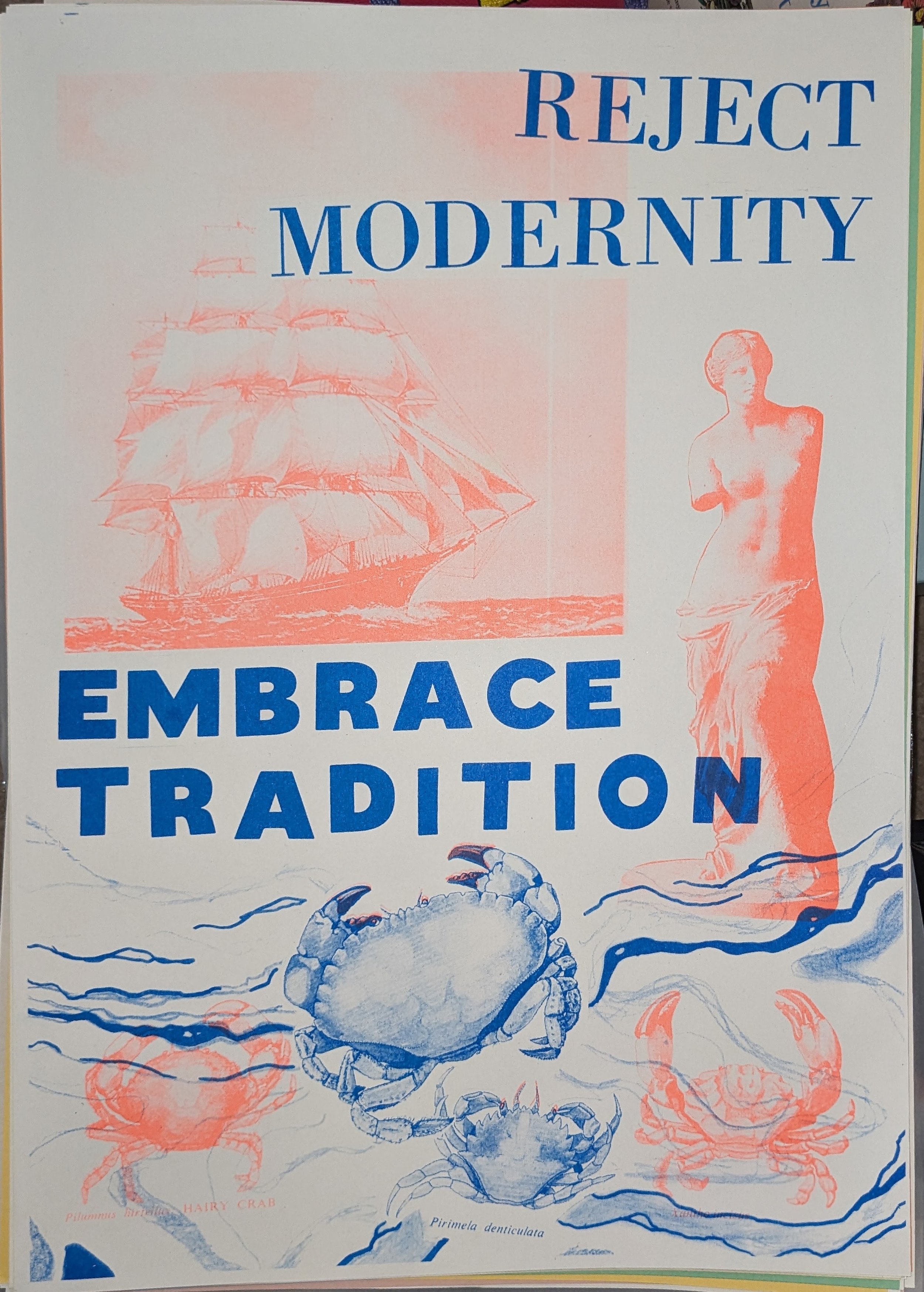 "Reject Modernity, Embrace Tradition" 2023, A3 risograph print