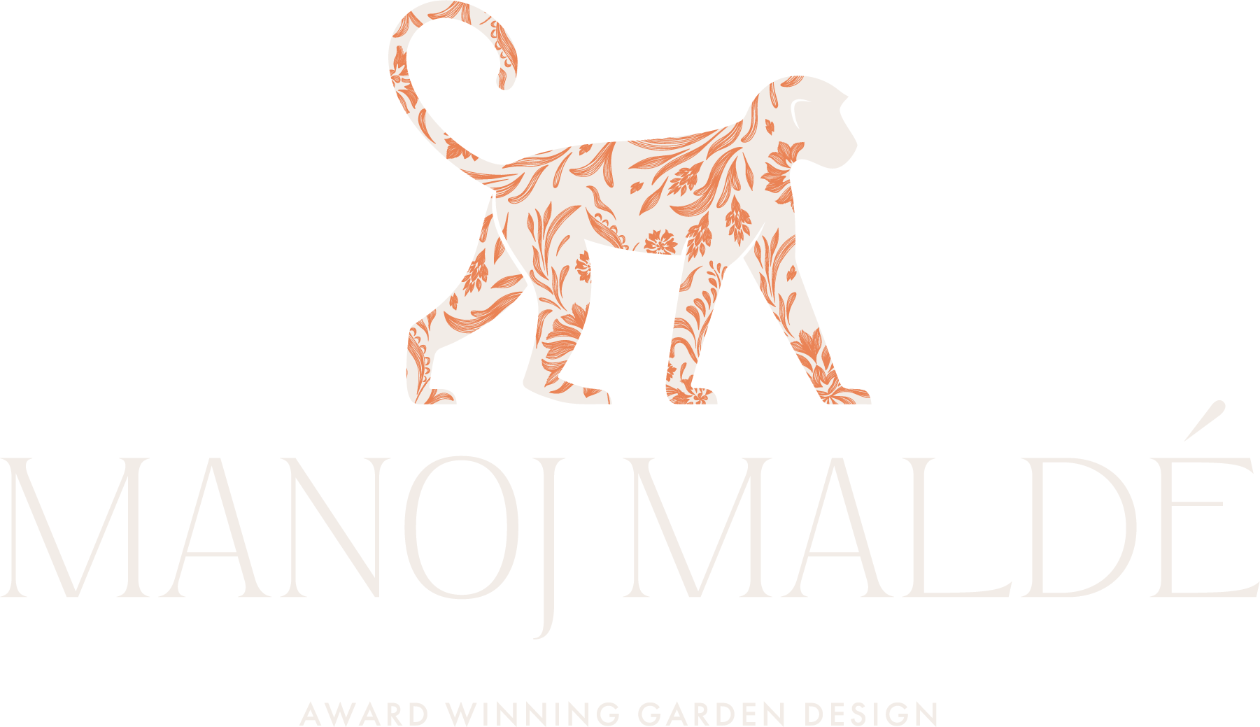 Logo with a stylized monkey silhouette filled with floral pattern, and text 'MANOJ MALDÉ' and 'AWARD WINNING GARDEN DESIGN'.