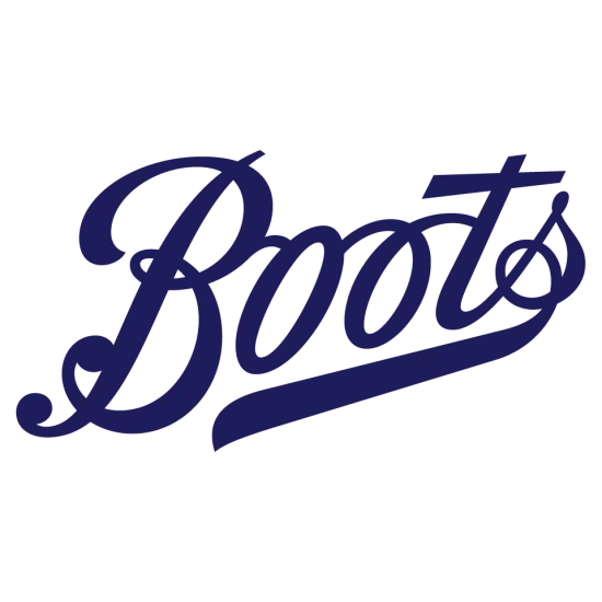 Boots logo with stylized cursive lettering in navy blue.