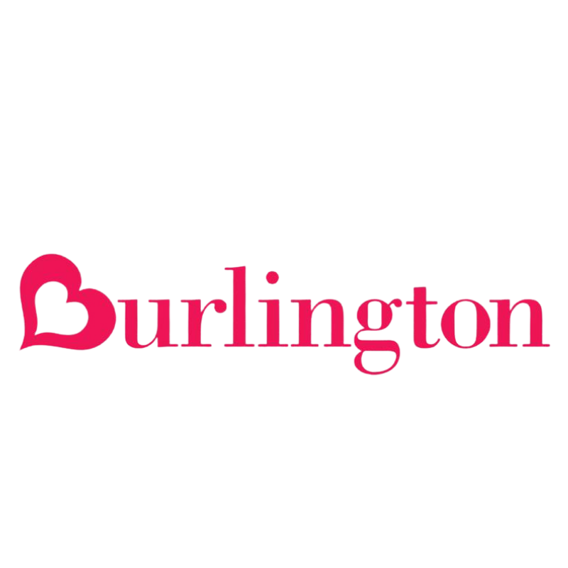Burlington logo with a pink heart-shaped 'B' and the word 'Burlington' in pink text.