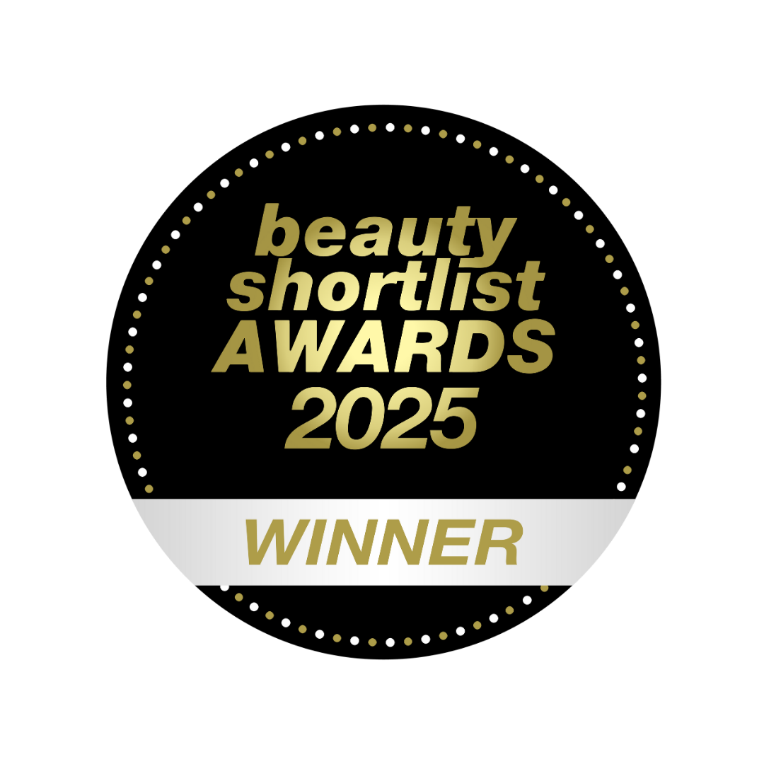 Gold and black badge with dotted border, text reads "beauty shortlist AWARDS 2025 WINNER".