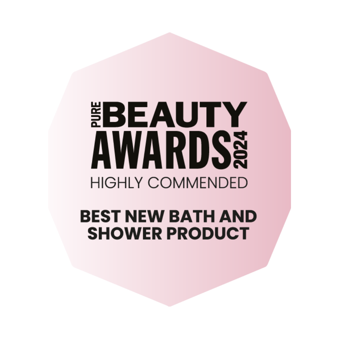 Award badge with text recognizing the best new bath and shower product in the 2024 Pure Beauty Awards.