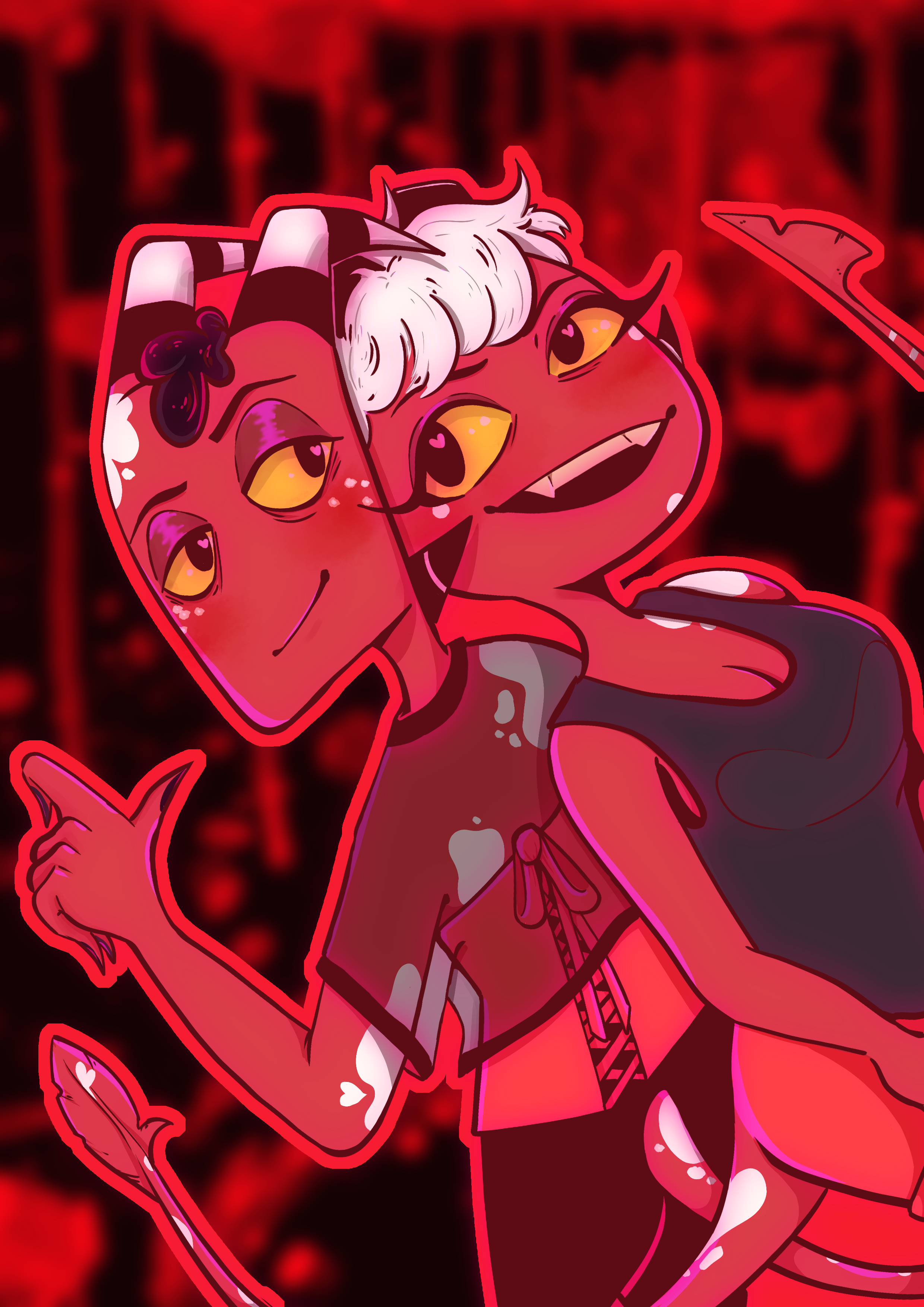 Two animated imp characters, a boy and a girl with devil horns and tails, smiling and hugging each other against a red, dark background.