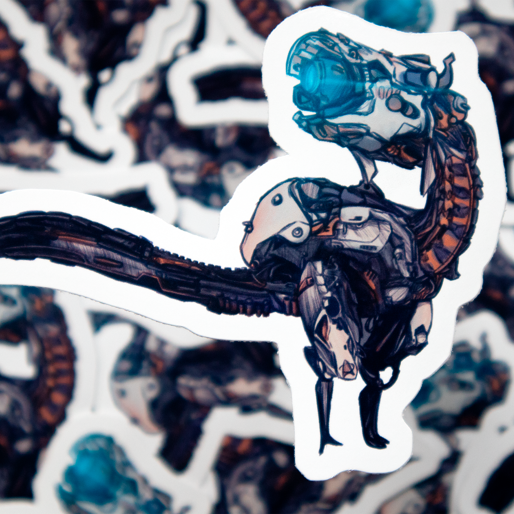 Sticker of a futuristic robot dinosaur with mechanical details, standing on two legs and curved tail. A 'Watcher' from 'Horizon Zero Dawn' video game franchise.