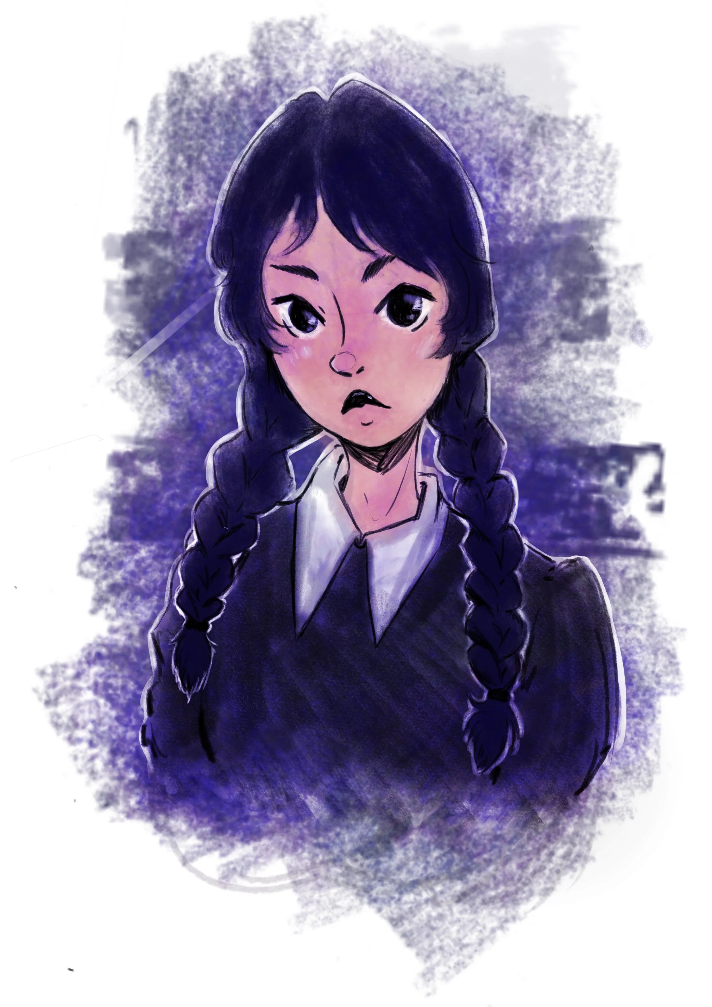 Digital illustration of a young girl with dark hair styled in two braids, wearing a dark dress with a white collar, against a purple textured background. Resembling Wednesday Addams from 'The Addams Family'