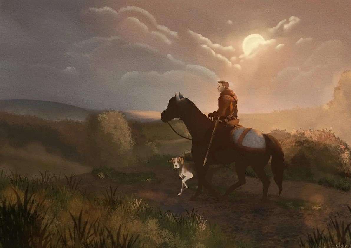 A landscape scene from Kingdom Come Deliverance II; the game. Henry can be seen riding Pebbles the horse with Mutt the dog close by. It's an early morning countryside scene, with the sun rising.