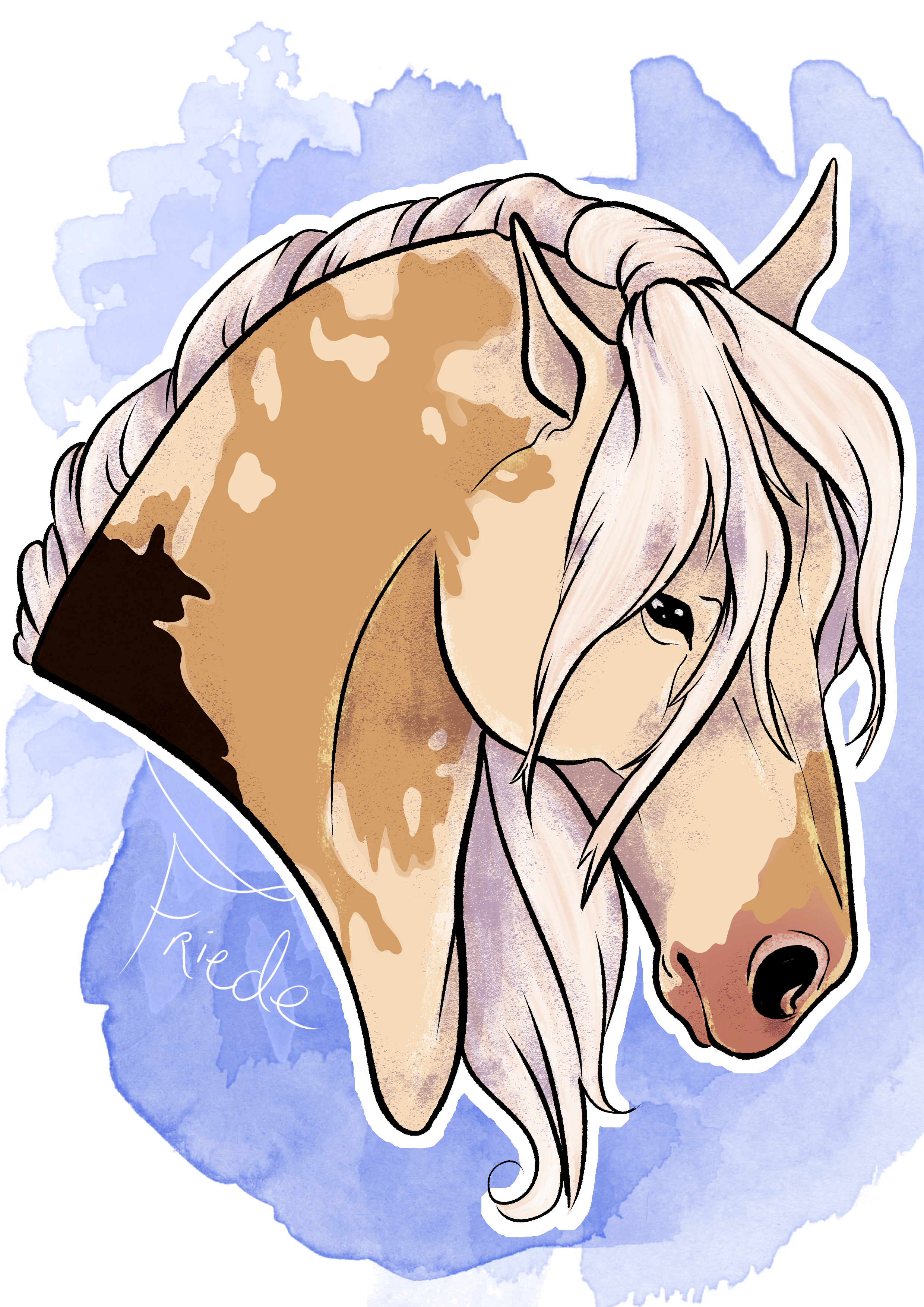 Digital illustration portrait of a white and light brown horse with a flowing mane, set against a blue watercolor background with the name 'Friede' written in cursive.