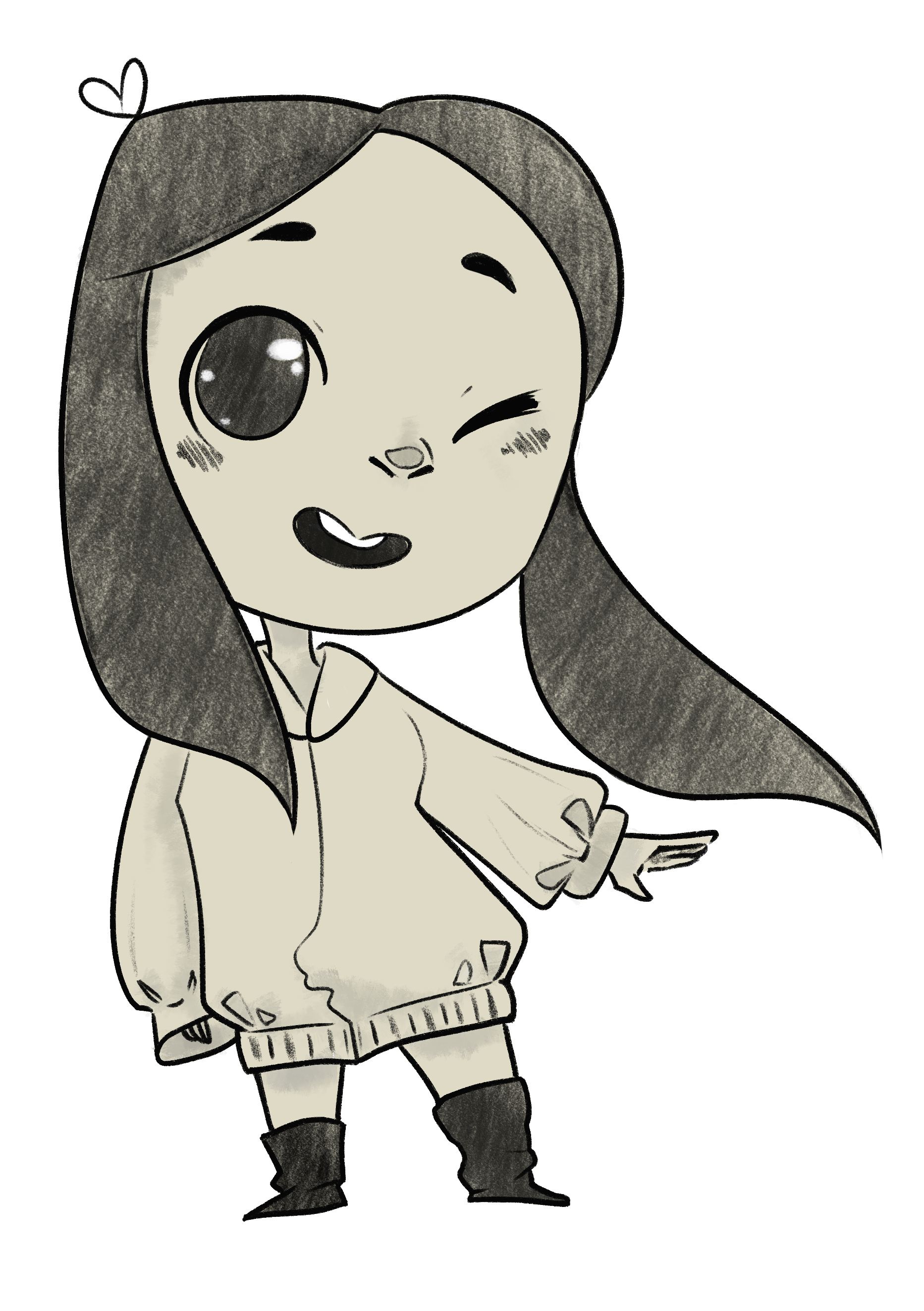Cute cartoon girl with long hair, winking and smiling, wearing a loose hoodie and boots, standing with one arm extended.