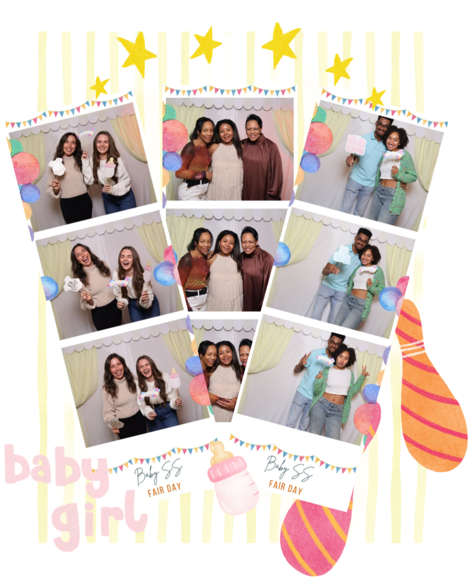 Photo booth strip from a baby shower event with women posing, holding props, and celebrating, decorated with baby-themed illustrations, stars, and banners.