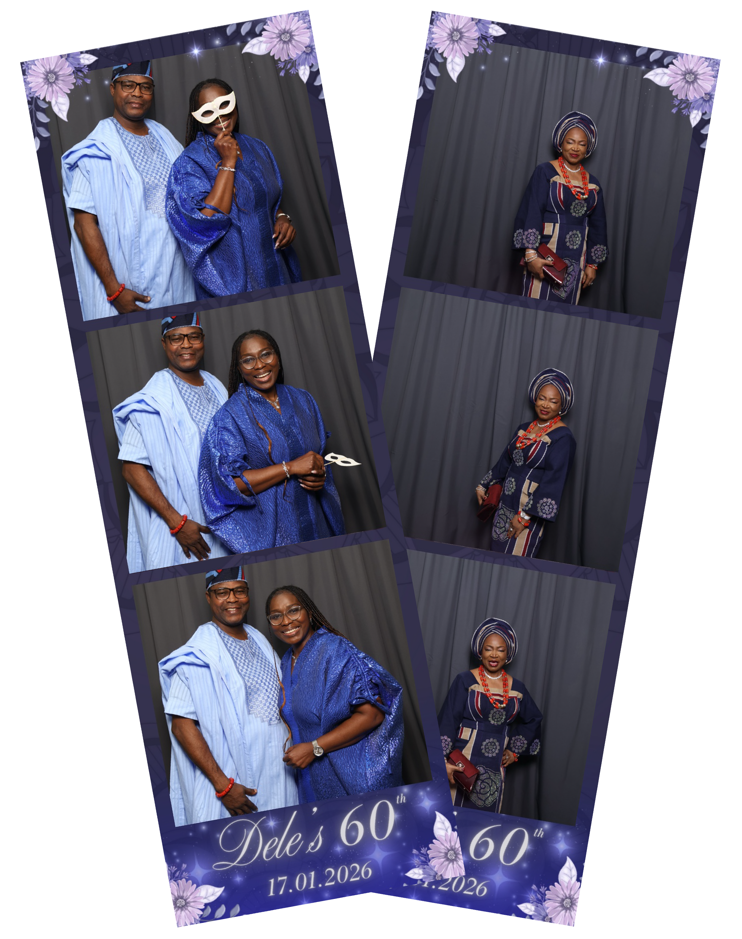 Photobooth pictures featuring a man and woman in traditional blue attire, and a woman in an African traditional dress with headwrap, celebrating Dele's 60th birthday on January 17, 2026.