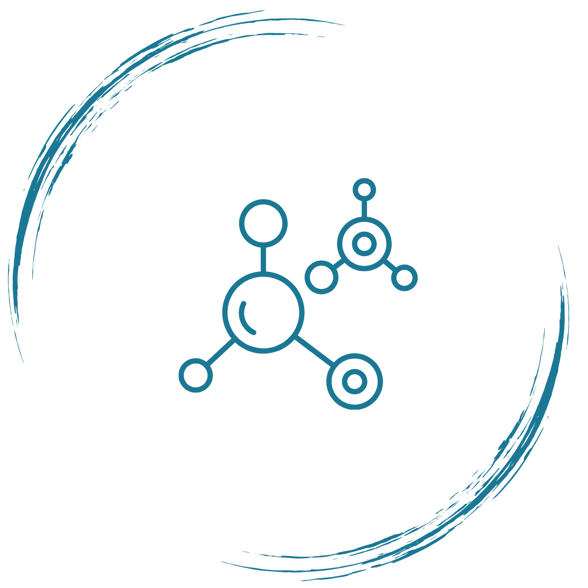 Graphics illustration of molecular structures with atoms connected by bonds, drawn with blue lines and circles, on a black background with a blue circular brush stroke.