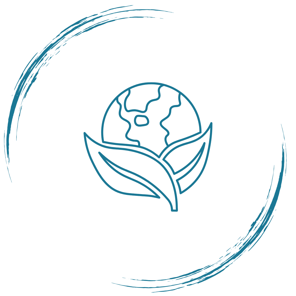 Line drawing of the Earth with two leaves below, encircled by a swirl, representing environmental sustainability or ecological balance.