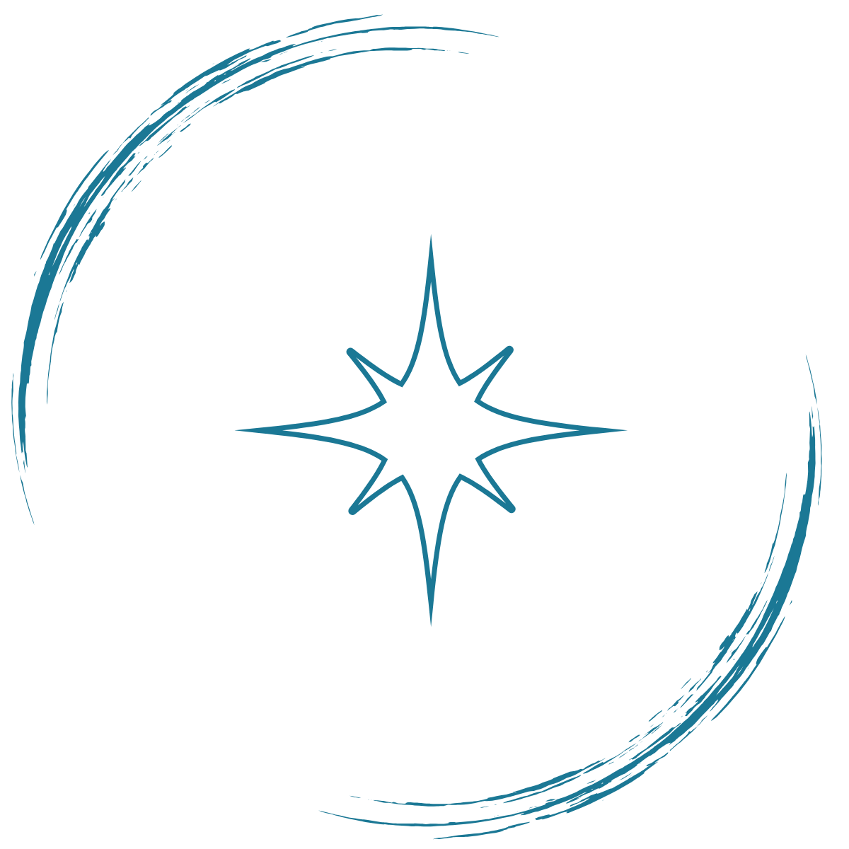 A stylized star with eight points, surrounded by a circular brush stroke. The star and circle are drawn in blue lines on a black background.