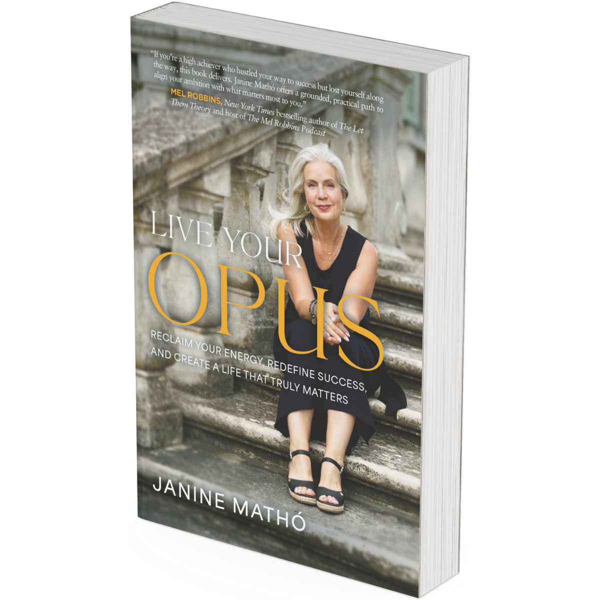 Book cover titled "Live Your Opus" by Janine Matho. It features a woman with gray hair sitting on stone steps outdoors, smiling at the camera, wearing a black dress and heels. The background shows historic stone architecture.