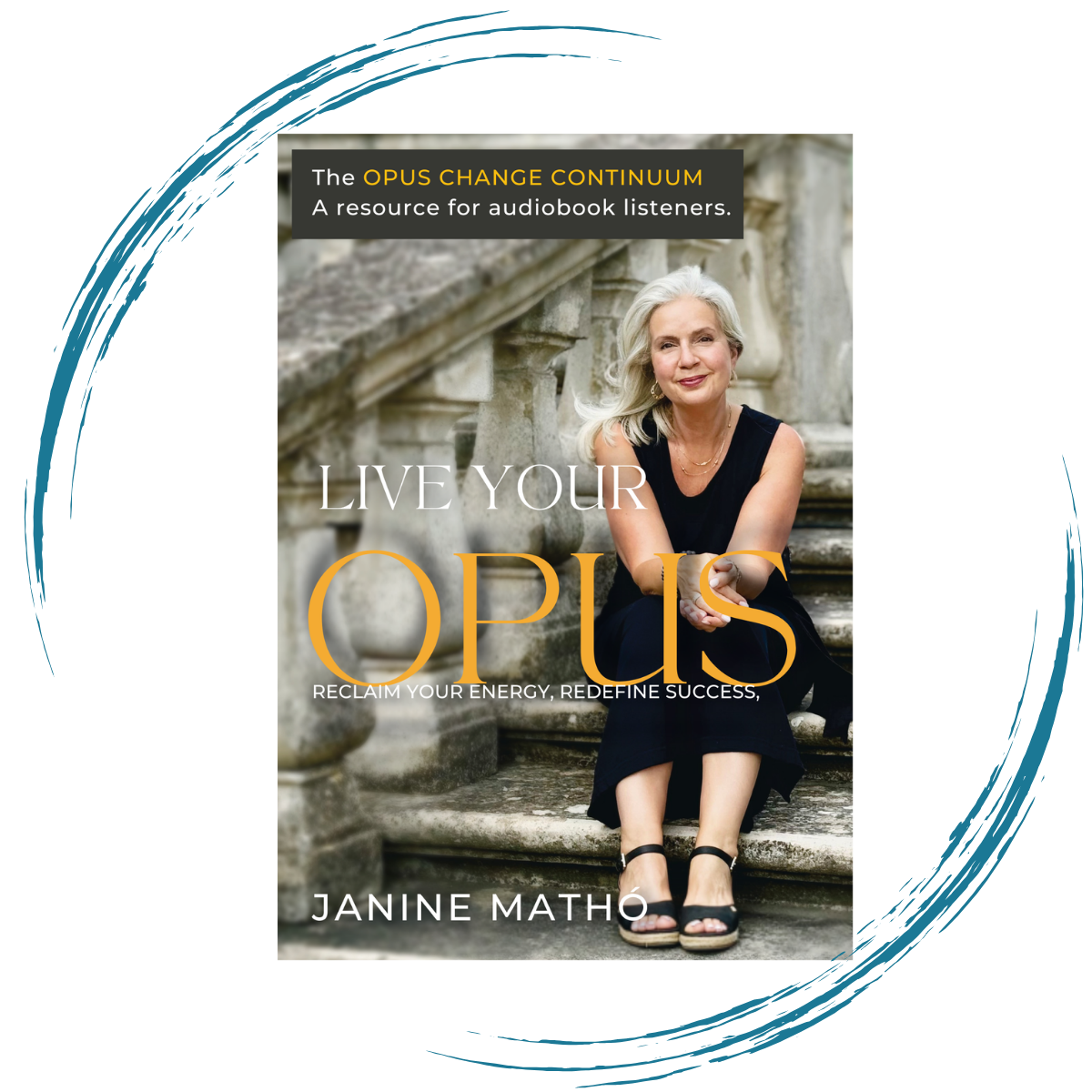 Book cover titled "Live Your Opus" by Janine Matho, featuring a smiling older woman with silver hair sitting on stone steps, wearing a black dress and sandals, outdoor setting, with text "The Opus Change Continuum" at the top.