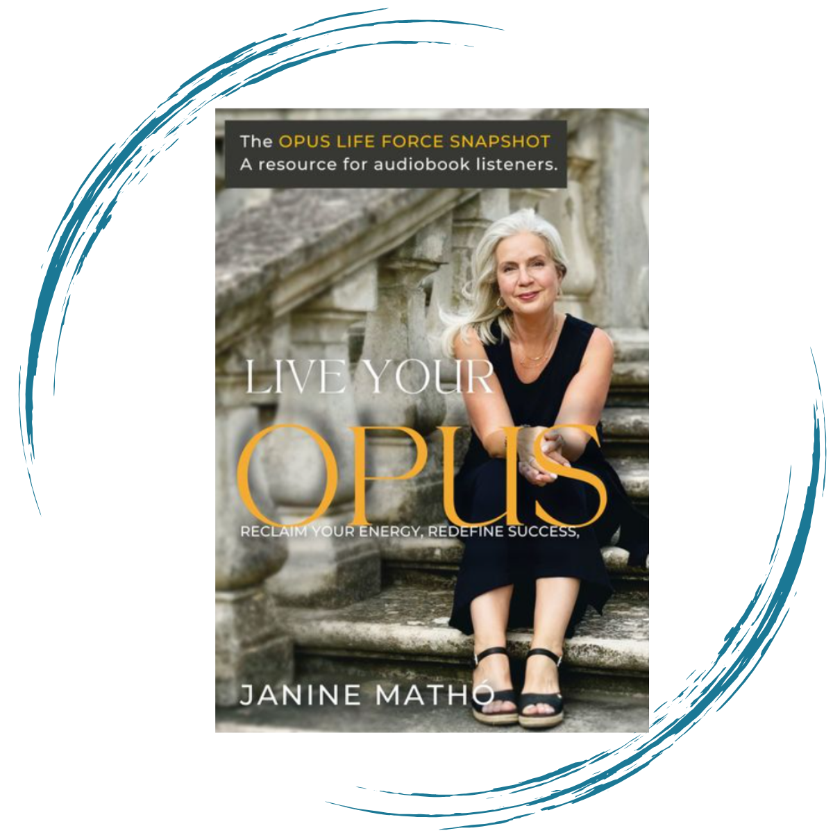 Book cover featuring an elderly woman with gray hair sitting on stone steps, wearing a black dress and sandals, with the title "Live Your Opus" and the subtitle "Reclaim Your Energy, Redefine Success" by Janine Matho.