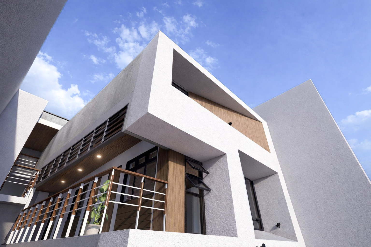 Modern multi-storey building with geometric balconies, wood-textured panels, and large glass windows.