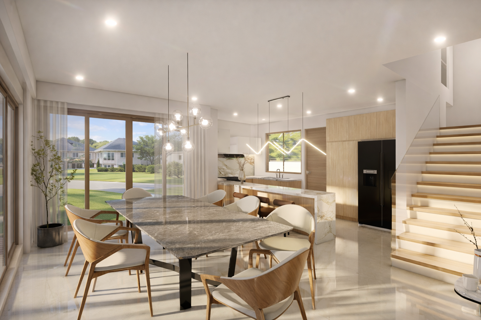 Open-concept kitchen and dining area with marble finishes, modern lighting, and glass doors.