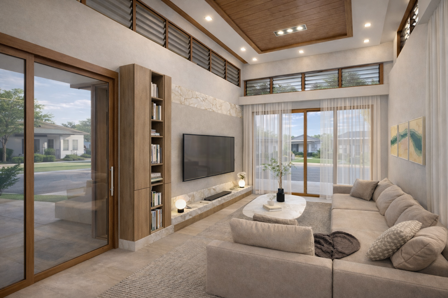 Contemporary living room with beige sectional, stone-accented TV wall, and natural lighting.